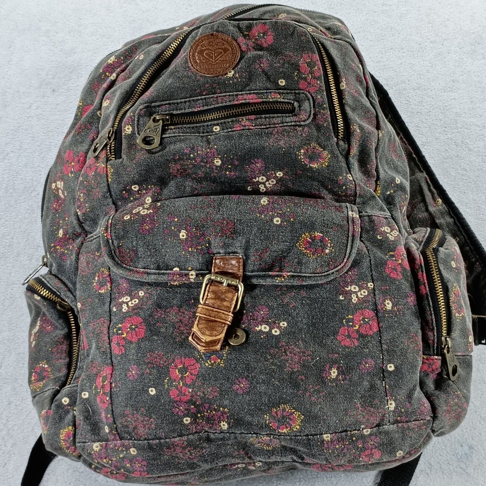Roxy Womens Canvas Backpack Gray Floral Print One Size Boho School Bag